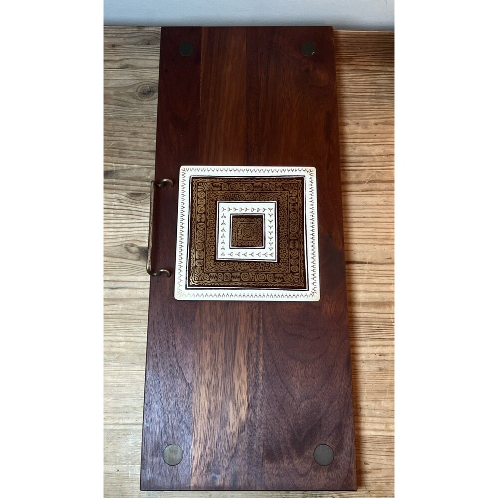 VTG MCM Ernest Sohn Walnut Charcuterie Board Ceramic Inset Tile 20” Brass Handle